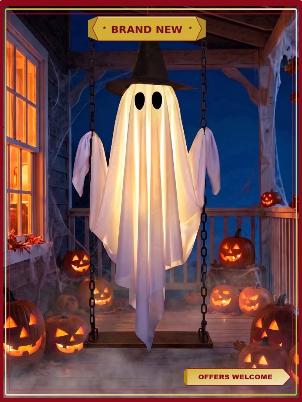 Lighted Hanging Ghost Halloween Decorations Outdoor Witch Hat Spooky Yard Lawn